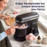 Black Salter ice cream maker in use on kitchen counter, showing homemade strawberry ice cream.
