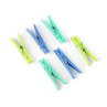 Pack of six plastic clothes pegs in assorted blue, green and aqua colours