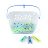 Pack of pastel blue, green and yellow clothes pegs in a ventilated plastic basket