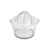 White plastic manual citrus juicer with measuring jug, shown from above.