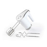White electric hand mixer with beaters and dough hooks, shown on a plain background