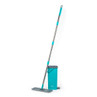 Blue flat mop with matching rectangular bucket, upright on white background