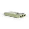 Green portable power bank with two USB ports, shown from angle highlighting connectors.