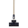 Cordless stick vacuum cleaner with navy and gold body, front view