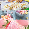 Assortment of desserts: nut-coated ice lollies, pastel marshmallows, and strawberry with pink chocolate.