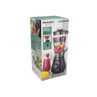 Boxed Progress black plastic jug blender, showing filled jug and key features.