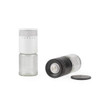 Pair of adjustable white and black glass grinders for salt and pepper.