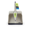 Beige dustpan and brush set with pointed brush and built-in bristle comb