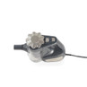 Grey handheld vacuum cleaner, top view, showing controls and dust chamber.