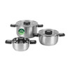 Set of three stainless steel saucepans with black handles, PFAS free label on one lid