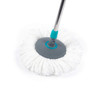 Round white microfibre mop head with grey and blue handle, shown from above