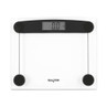 Glass bathroom scale with black accents and digital display, showing zero, Salter branding