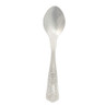 Silver dessert spoon with ornate patterned handle on white background