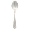 Stainless steel dessert spoon with ornate handle, shown from above
