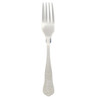 Silver dinner fork with ornate patterned handle, shown upright on white background