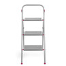 Three step grey folding ladder with purple accents, front view