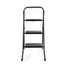 Three-step black metal folding step ladder, front view