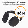 Black wireless over-ear headphones. Promotional graphic: up to 50 hours playtime.