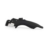Black handheld can opener with ergonomic grip, shown side view