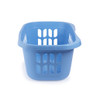 Blue plastic laundry basket with open sides, shown empty from the front.