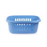 Light blue plastic laundry basket with open sides