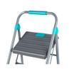 Close-up of grey step ladder with teal accents and top platform, shown from above.