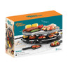 Giles & Posner tabletop stone raclette grill packaging, shows serves 8 guests at once.