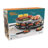 Giles & Posner tabletop stone raclette grill, serves 8, shown on packaging with food