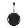Black non-stick frying pan seen from above with stainless steel handle