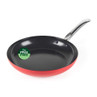 Red non-stick frying pan with stainless steel handle, PFAS free badge on surface