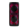 Black portable party speaker with red LED lights, front view