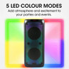 Black party speaker with 5 LED colour modes, designed to add atmosphere at events.