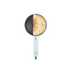 Electric crepe maker in light blue with a cooked pancake shown on the plate