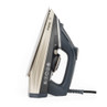 Gold and black steam iron shown upright, highlighting control dial and cord.