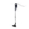 Corded stick vacuum cleaner in navy and silver with clear dust container, upright position