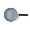 Grey non-stick frying pan with black handle, shown from above