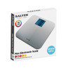 Silver electronic bathroom scale with large blue backlit display, shown on Salter packaging