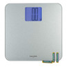 Silver digital bathroom scale with large backlit display and three AAA batteries included