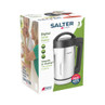 Salter digital soup maker in silver on retail packaging, showing key features and 3-year guarantee