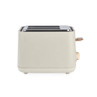 Stone-coloured two-slice toaster with gold controls, side view