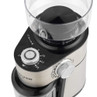 Electric coffee grinder with control dials, shown in stainless steel and black finish