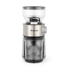 Electric coffee grinder, stainless steel, black and silver, front view