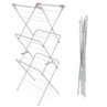 Foldable clothes airer in silver with pink accents, shown open and folded