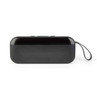 Black portable wireless speaker with carry strap, front view