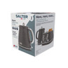Boxed Salter Ripple rapid boil kettle, ridged grey design, shown with matching toaster.