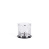 Transparent food processor chopping bowl with measurement markings, black base