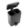 Black pedal bin with dual compartments and open lid, shown from above.