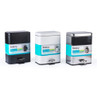 Set of three Beldray 5L dual compartment pedal bins in black, white, and stainless steel finishes.