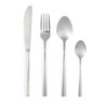 Set of four silver stainless steel cutlery pieces: knife, fork, tablespoon, teaspoon.