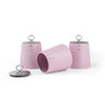 Set of three pink kitchen canisters with chrome lids, labelled for tea, coffee, and sugar.